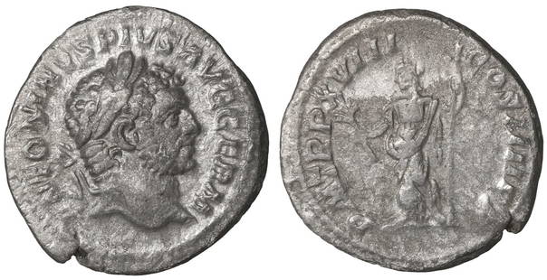 Caracalla 198-217 Denarius Roman coins: Caracalla, 198-217. Denarius. 2.65 gr. – 18.8 mm. Rome, 215. ANTONINVS PIVS AVG GERM Laureate head of Caracalla to right. Rev. PM TR P XVIII COS IIII P P Pax standing left, holding branch in ri