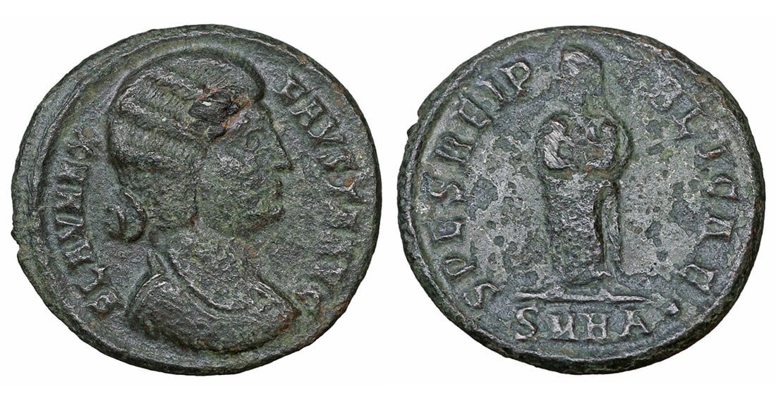Fausta AD 324-326 Æ Follis VF+: Fausta. AD 324-326. Æ Follis. 20 mm, 3,29 gr. FLAV MAX FAVSTA AVG, mantled bust right. / SPES REIPVBLICAE, Spes standing facing, looking left, head veiled, two children in her arms; SMHA in exergue. 