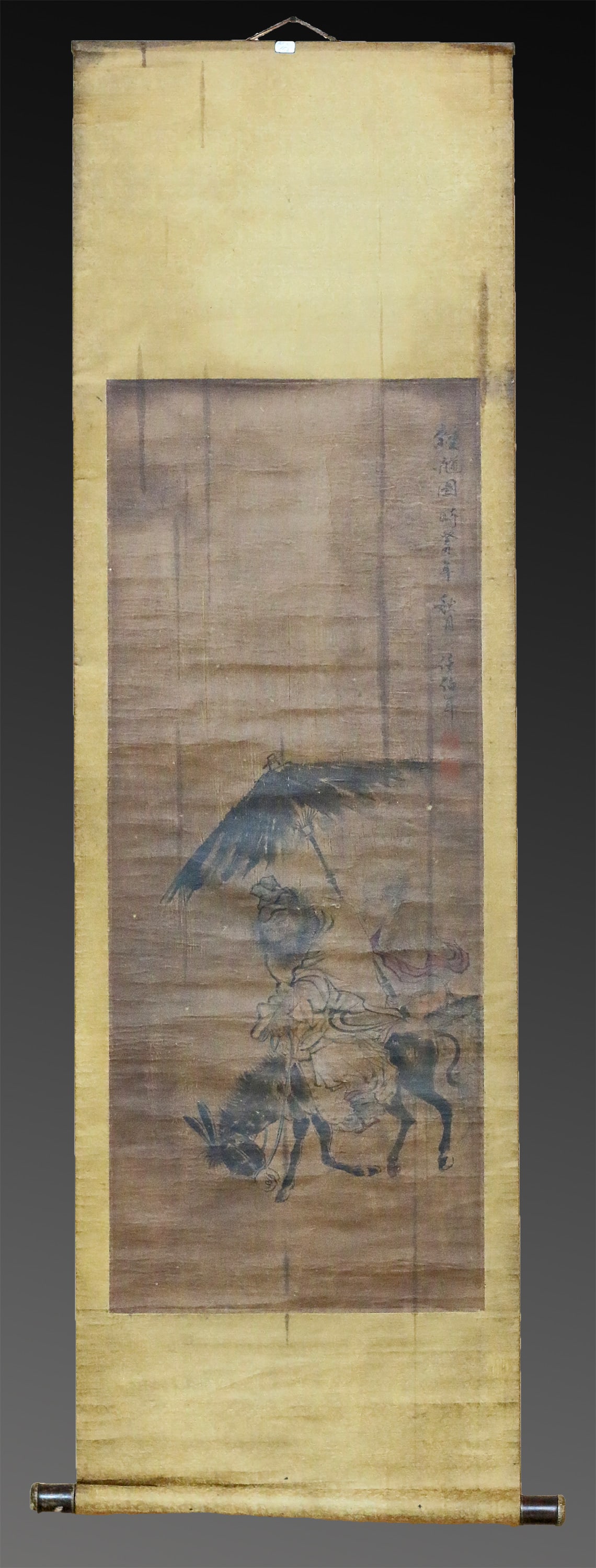 China Silk and paper handscroll Handmade painted depicting wayfarer on the mule with calligraphy.: China. Silk and paper handscroll Handmade painted depicting wayfarer on the mule with calligraphy. 150x56 cm. Rare