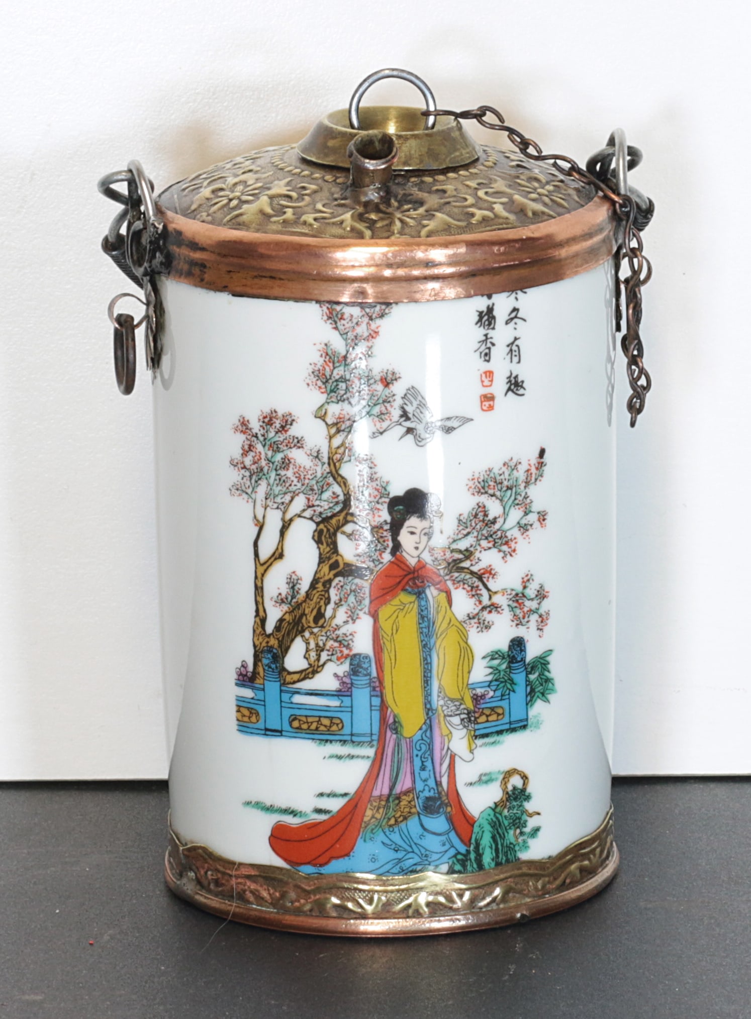 China Qing 1900 Porcelain water pipe 14x10x10 cm: China. Qing Dynasty. Early 1900. Porcelain water pipe. Handmade painted with women, landscapes and calligraphy. Extremely fine. 450 gr. - 14x10x10 cm