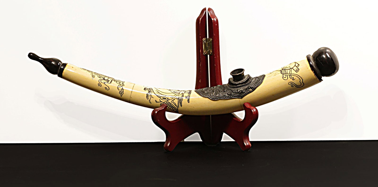 China 1910 Handcarved Bone pipe. Decorated with Handmade painting. Wooden Rose and brass decoration.: China. 1910 Circa. Handcarved Bone pipe. Decorated with Handmade painting. Wooden Rose and brass decoration. 37x9x8 cm - 766 gr.