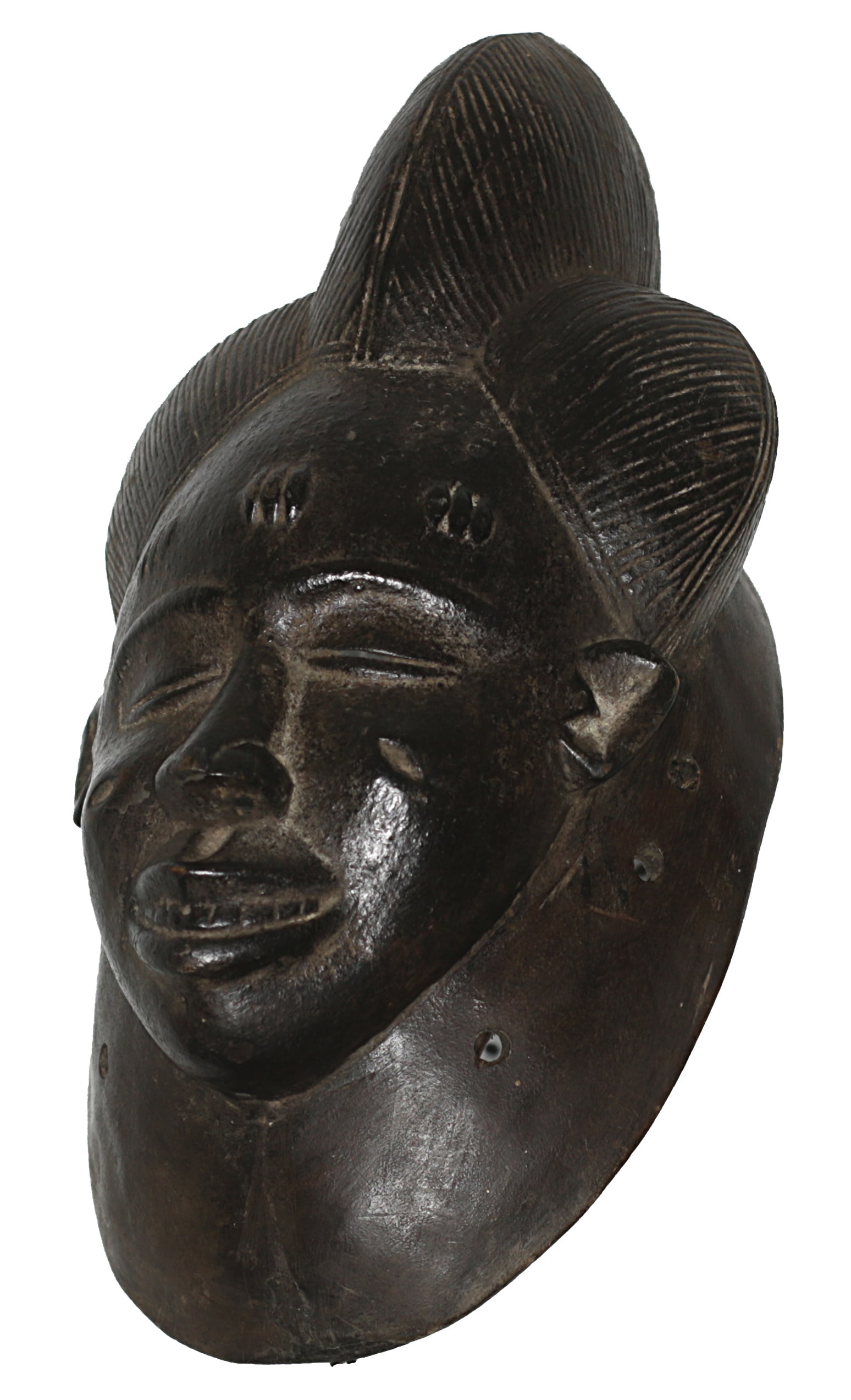 Ivory Coast Guro people Ceremonial mask pronounced forehead 1970: Ivory Coast Guro people. Ceremonial mask; pronounced forehead, nose and mouth. 1970 circa. 910 gr. - 34x18x20 cm. Extremely fine. Rare. Provenance Fall Elhadji. The Guro are well-known for their highl