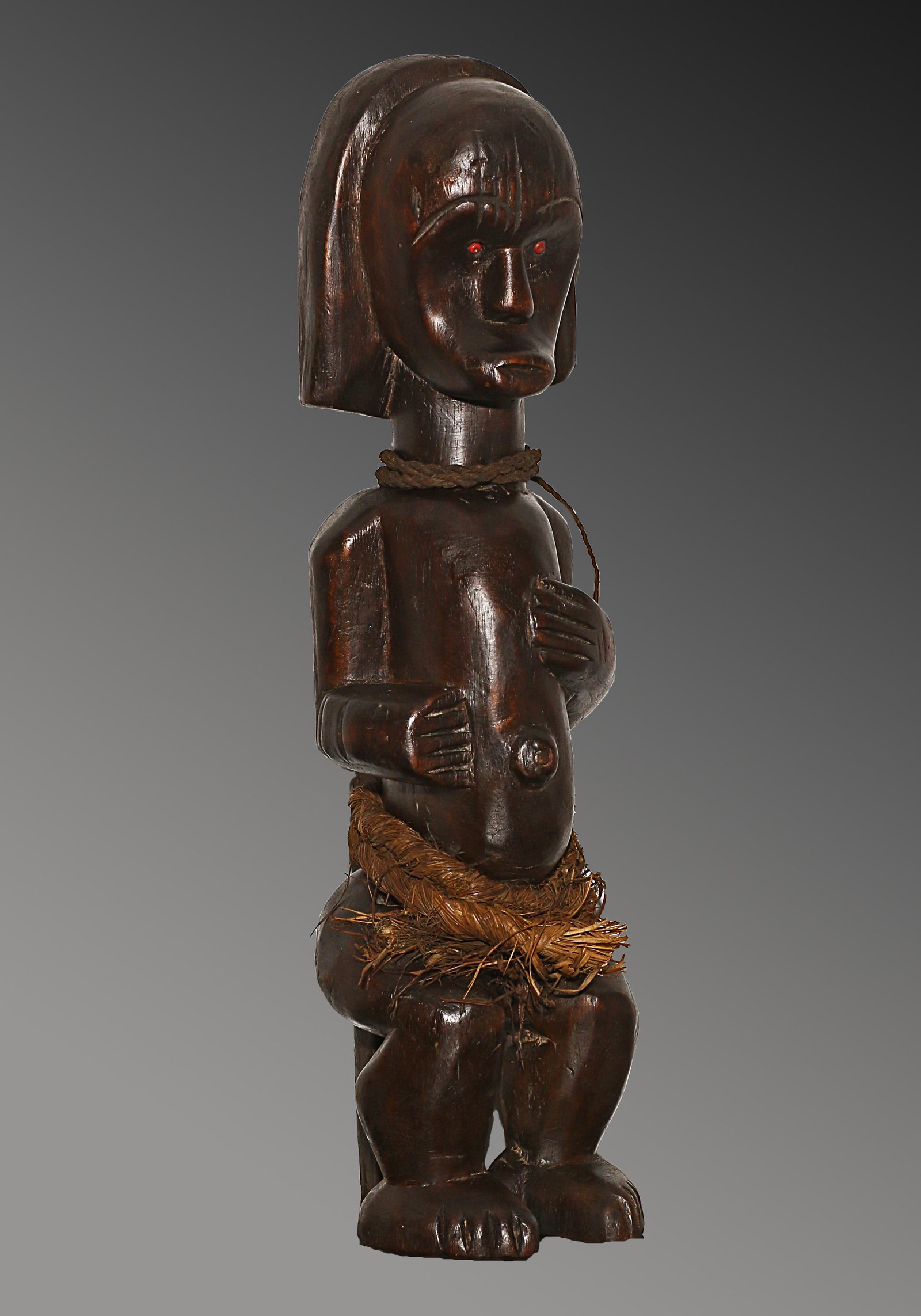 Gabon 1950 Old Tribal Fang people Reliquary Guardian Figure 41x12x10 cm: Gabon. 1950 circa. Old Tribal Fang people. Reliquary Guardian Figure (Eyema-o-Byeri), Decorated with cord and hardstone eyes. Extremely rare. 0,8 Kg. – 41x12x10 cm. The Fang people, also known as F�