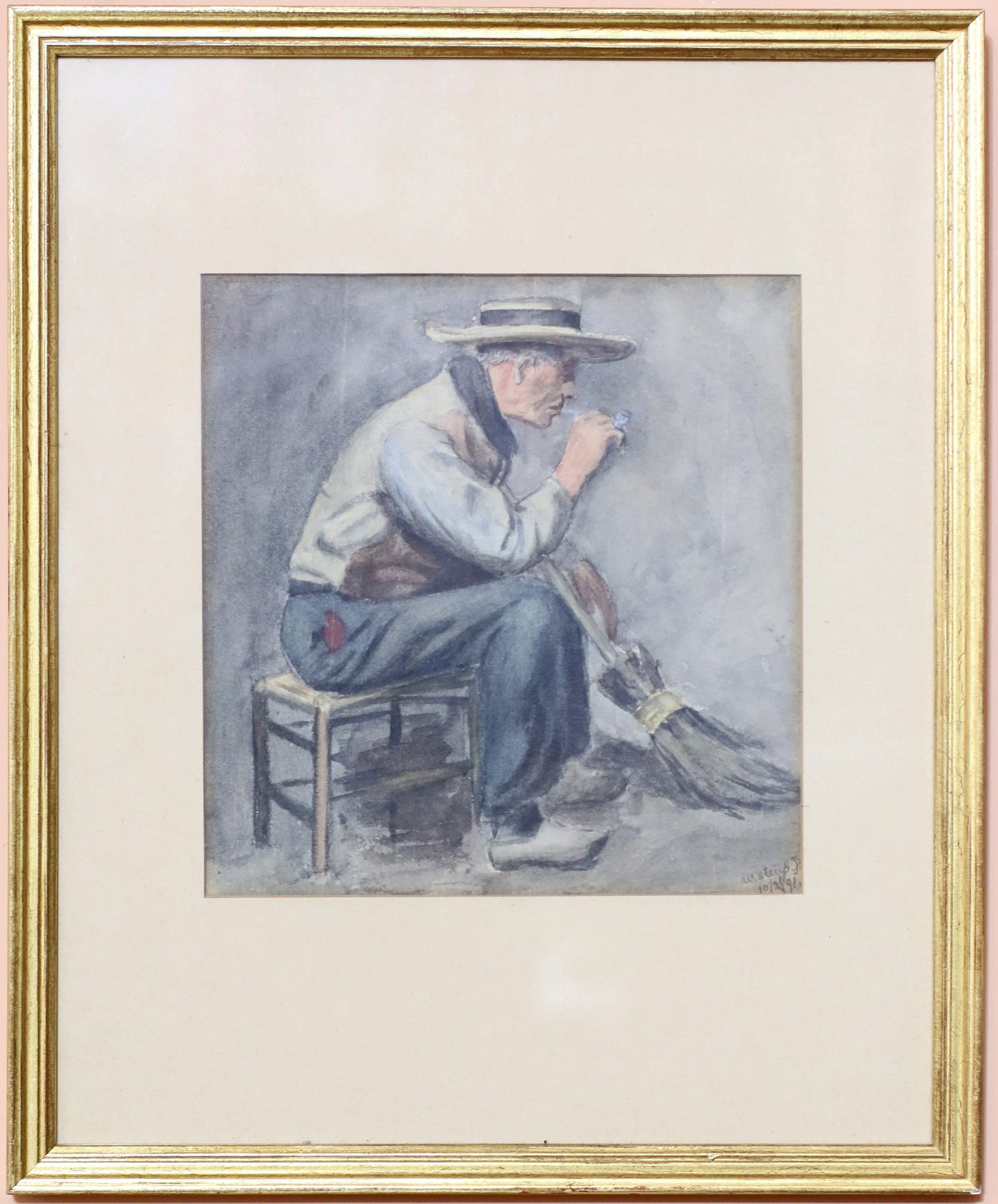 Netherlands school 1891. Beautifully painted watercolour 41x34 cm: Netherlands school. 1891. Beautifully painted watercolour of a pausing street sweeper who is smoking a pipe.Signed and dated on the bottom right, 10/2/ (18)91. The work is beautifully framed. 41x34 cm