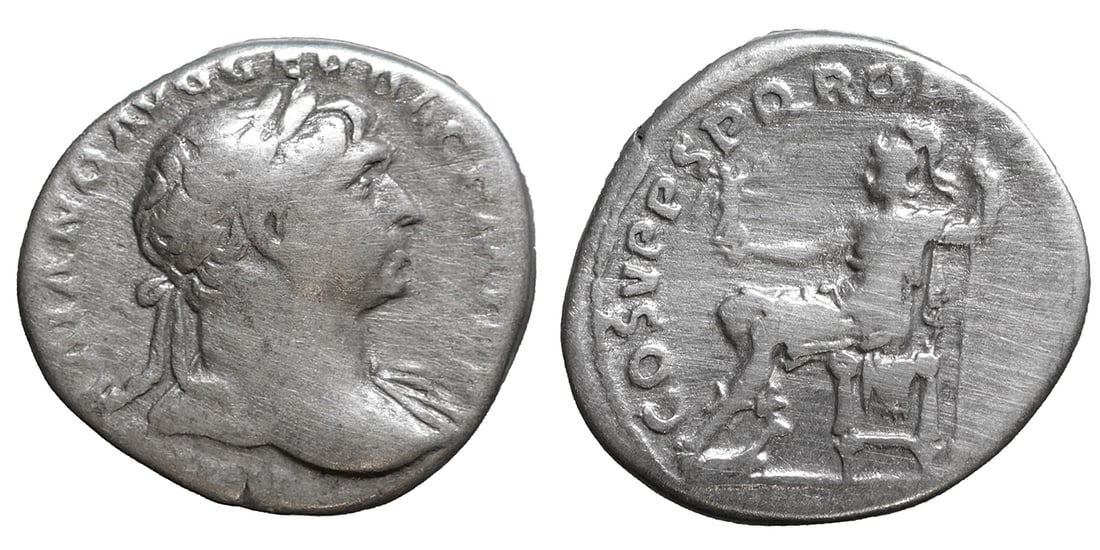 Trajan AD 98-117. Rome Denarius Roman coin: Trajan AD 98-117. Rome Denarius AR 3.15 gr. – 18.3 mm. IMP TRAIANO AVG GER DAC P M TR P, laureate head right / COS V P P SPQR OPTIMO PRINC, Roma seated left with Victory. RIC 116; RSC 69; BMC 276. V