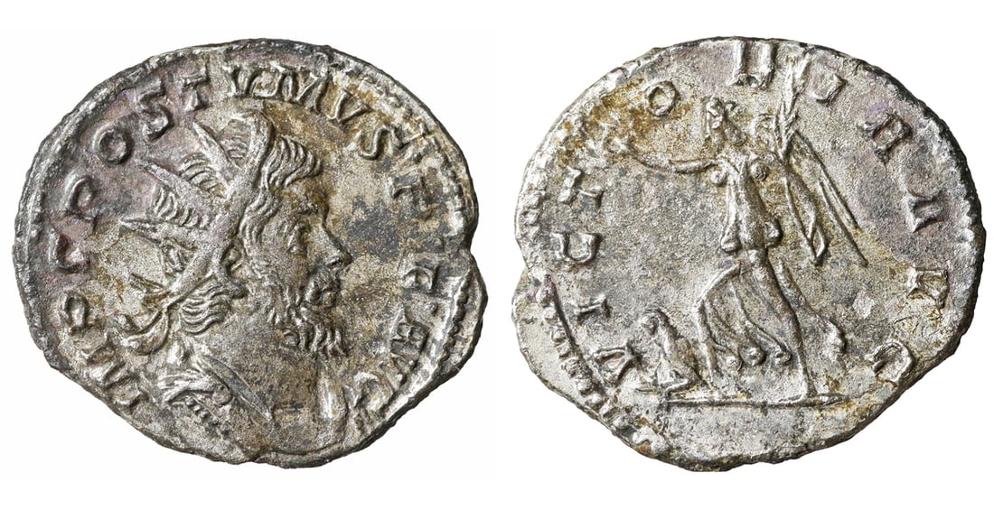 Postumus 260 - 269 AD Silver Antoninianus Lugdunum: Postumus, 260 - 269 AD. Silver Antoninianus, Lugdunum Mint. 2.95 gr. – 21.6 mm. O:\ IMP POSTVMVS P F AVG, Radiate, draped and cuirassed bust of Postumus right. R:\ VICTORIA AVG, Victory standing lef