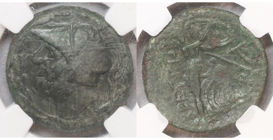 Bruttium The Bretti Didrachm NGC XF: Bruttium, The Bretti. Æ Didrachm (13.65 g), ca. 208-203 BC. Helmeted head of Ares left within wreath. Reverse: BPETTI?N, Athena advancing right, head facing, holding shield, spear leaning against her