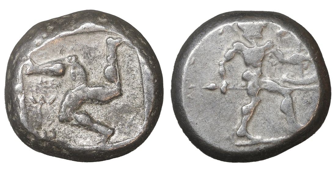 Pamphylia Aspendos Stater 465-430 BC: Pamphylia, Aspendos AR Stater. Circa 465-430 BC. 10.85g, 20mm, 9h. Warrior advancing to right, holding shield and spear / Triskeles; E? above; all within incuse square. SNG BnF -; SNG von Aulock 4477;