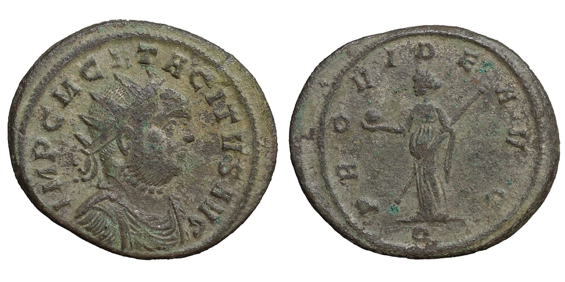 TACITUS (275-276). Antoninianus. Siscia. Roman coin: TACITUS (275-276). Antoninianus. Siscia. 23 mm, 3,66 gr. Obv: IMP C M CL TACITVS AVG. Radiate and cuirassed bust right. Rev: PROVIDE AVG / Q. Providentia standing left, holding globe and sceptre. RIC