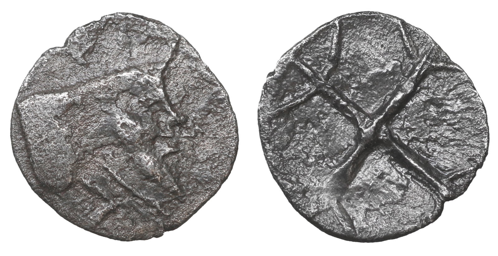 Sicily Gela Silver Obol 480-470 BC: Sicily, Gela AR Hexas or Obol. 0,25 gr. - 9,3 mm. Circa 480-470 BC. O:\ Forepart of man-headed bull right. R:\ Wheel of four spokes. Jenkins, Gela 198; SNG ANS -. Good condition for the type. aXF