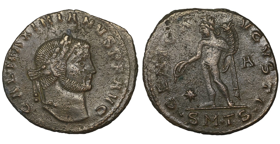 Galerius AD 305-311 Æ Follis VF+: Galerius. AD 305-311. Æ Follis. 25 mm, 6,79 g. Thessalonica mint, 1st officina. Struck circa AD 308-310. GAL MAXIMIANVS P F AVG Laureate head right / Genius standing left, holding patera and cornucop