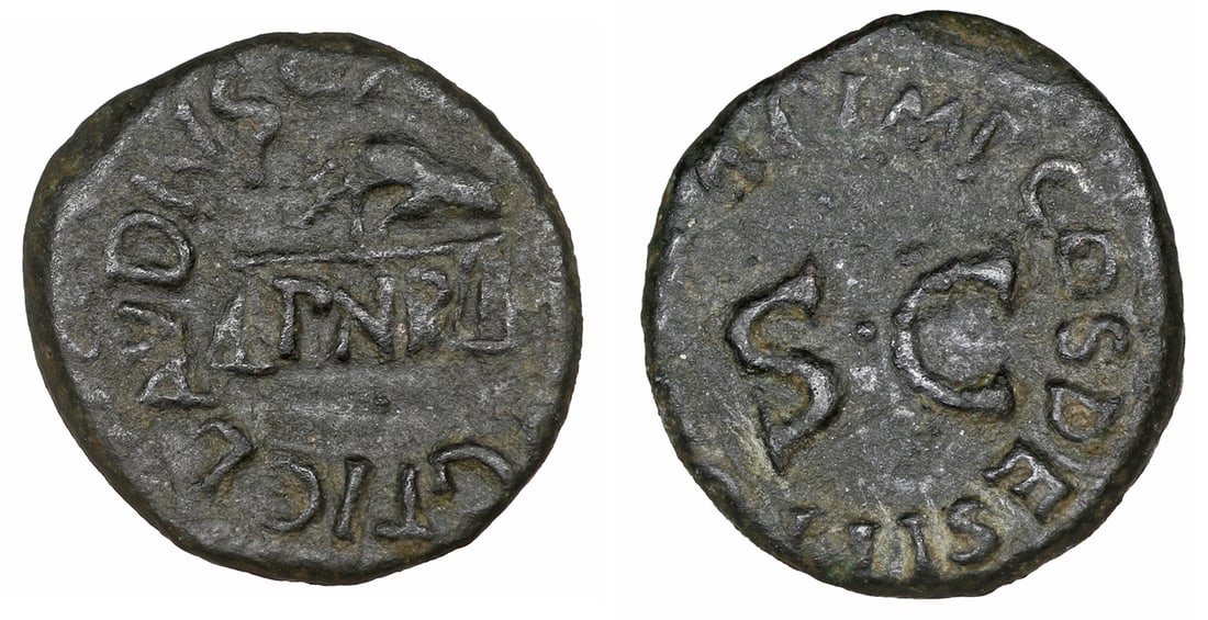 Claudius 41-54 Quadrans Rome: Claudius (41-54), Quadrans, Rome, AD 41-42, AE 16 mm. 3,14 g. O:\ TI CLAVDIVS CAESAR AVG, hand holding scales; below, P N R, R:\ PON M TR P IMP COS DES IT, around S C. RIC 126,85; BMCRE 189, 174; C. 7