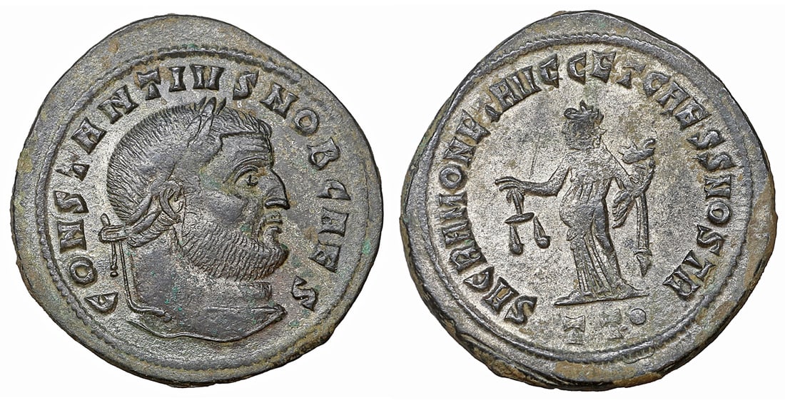 Constantius I Caesar 293-305 AD Follis Roman coin: Constantius I, Chlorus, as Caesar, 293 - 305 AD. AE Follis, Ticinum Mint (Pavia). 9.4 gr. - 29.98 mm. O:\ CONSTANTIVS NOB CAES, Laureate head of Constantius right. R:\ SACRA MONET AVGG ET CAES NOSTR,