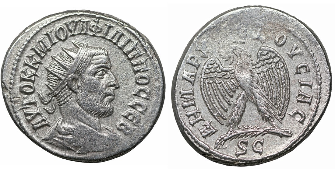 Philip I Tetradrachm of Antioch Syria Struck AD 244 Roman coin: Philip I AR Tetradrachm of Antioch, Syria. Struck AD 244. 12.60 gr. – 27.8 mm. AYTOK K M IOY?I ???????C CEB, radiate, draped, and cuirassed bust right / ?????X ?? OYXIAX, eagle standing facing on pa