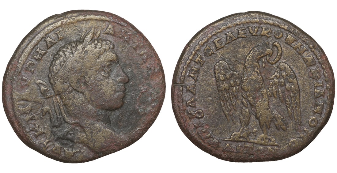 Marcianopolis Elagabalus AD 218-222 Æ25 Roman coin: Moesia Inferior. Marcianopolis. Elagabalus AD 218-222. Julius Antonius Seleucus, legatis consularis. Bronze. Æ 25 mm - 9,99 gr. O:\ Laureate head right. R:\ Eagle standing left, head right, with wing