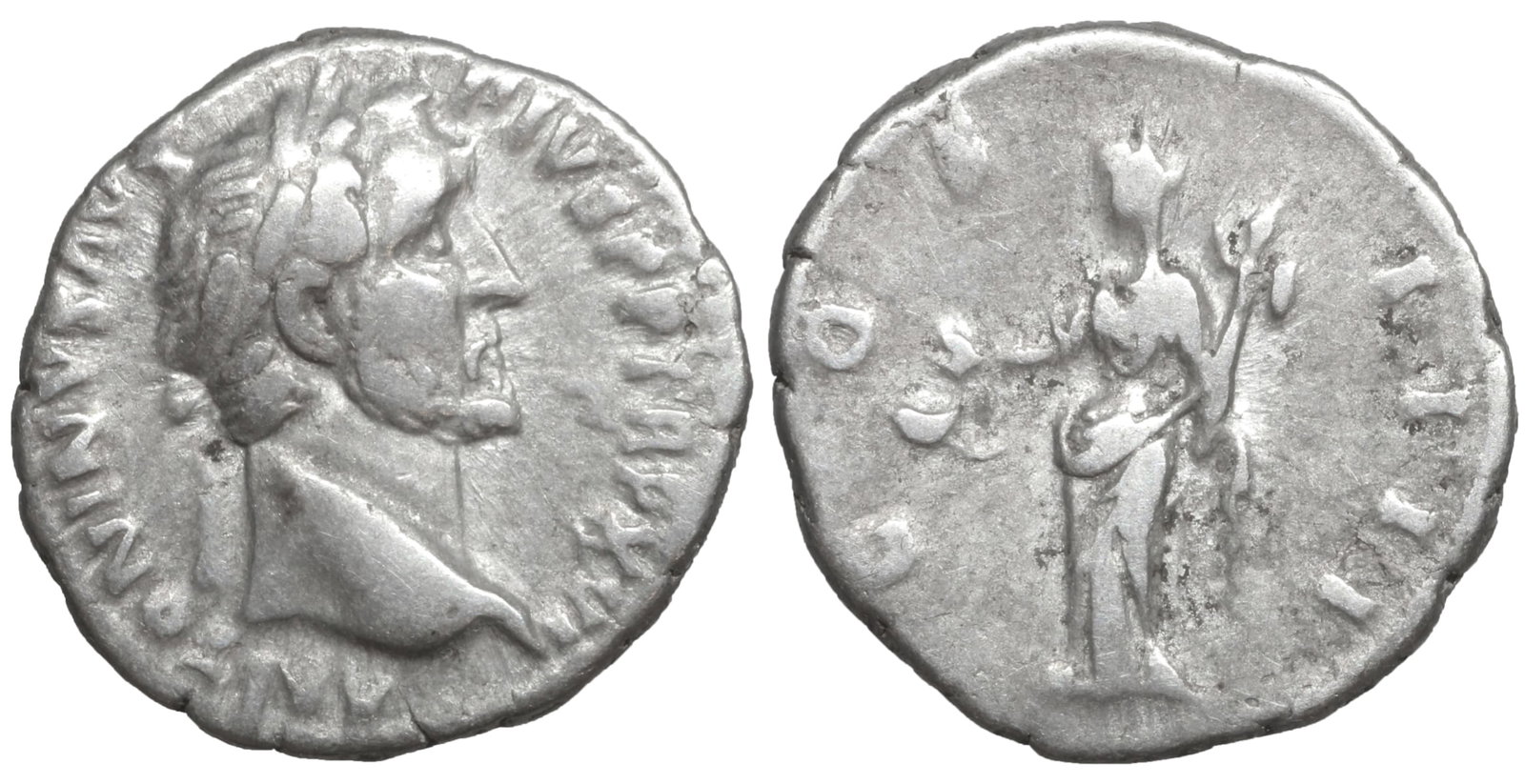Antoninus Pius 138-161 Denarius Rome Roman coin: Antoninus Pius, 138-161. Denarius. 3.25 gr. – 17.3 mm. Rome, 151-152. ANTONINVS AVG PIVS P P TR P XVI Laureate head of Antoninus Pius to right. Rev. COS IIII Vesta standing left, holding simpulum in