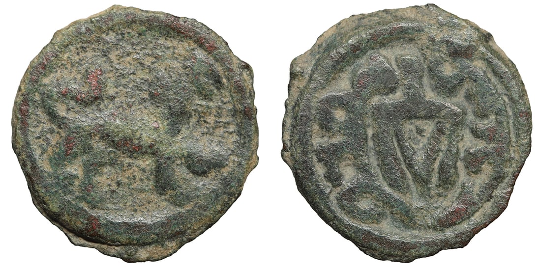 CHACH Tarnavch 8th century cash Rare: CHACH. Tarnavch, 8th century, AE cash 3.05g – 19.5 mm. Lion right / Chach tamgha & Sogdian legend, nice green patination, S&K-6.8 version 1/2. Rare. VF+