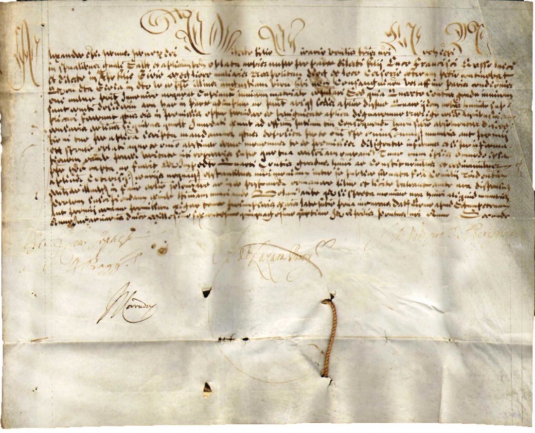 Parchment manuscript wedding in spite of consangunity: Latin parchment manuscript. Wedding certifcate authorization in spite of third grade of consanguinity. Gothic latin script. 23,5x29,5 cm.