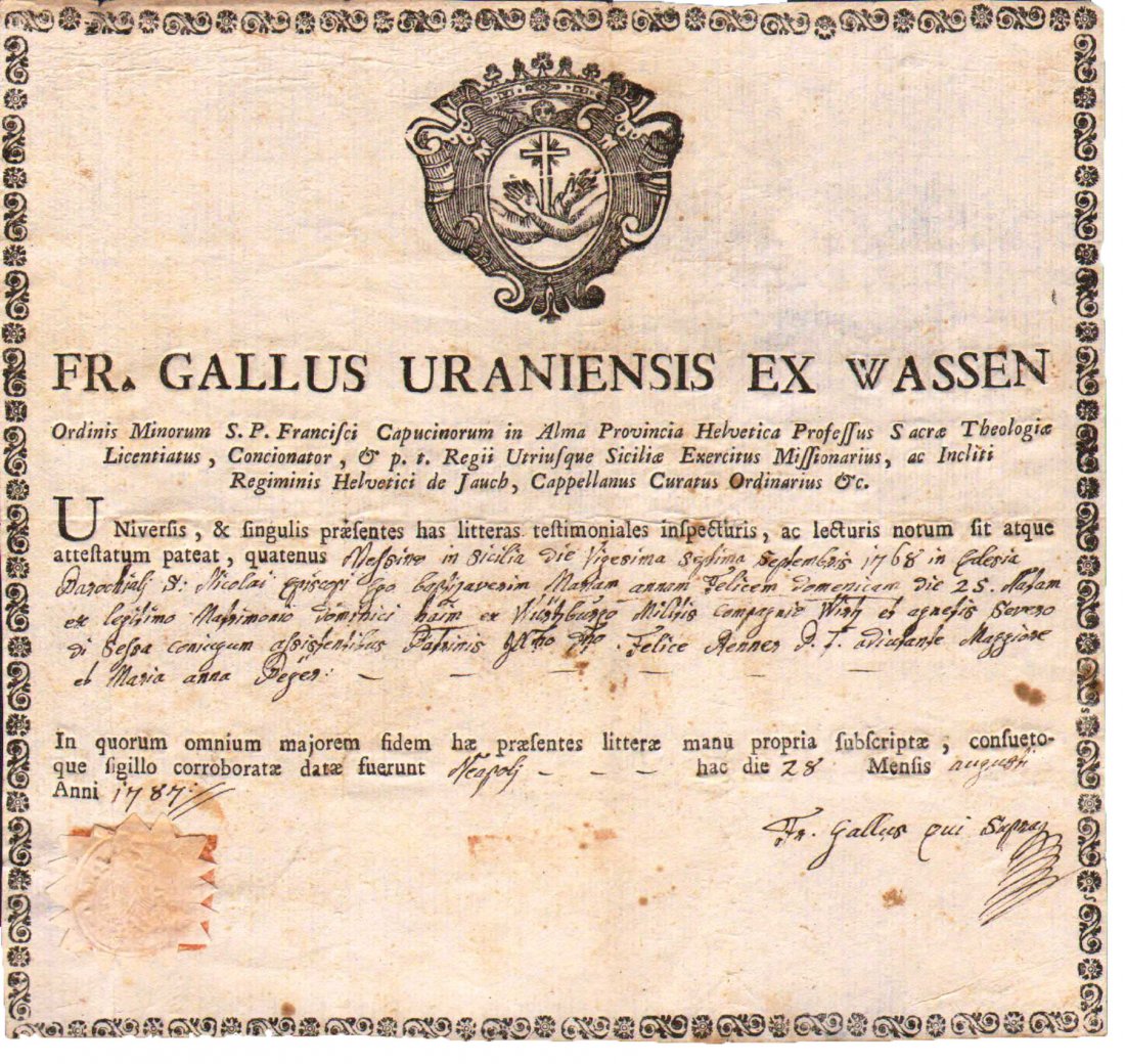 1787 manuscript letterhead Swiss Guards priest: Italy. Naples. 1787. Wedding certificate manuscript; letterhead of Gallus Uraniensis of Wassen (Switzerland), the priest of Swiss Guards in the Sicily's army. With signature and dry seal. 21x22,5 cm