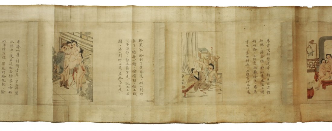 Paper Handscroll painting Min Guo period 1950: Paper Handscroll painting erotic scenes and calligraphy. End of Minguo period 1940-1950 AD. 360X34