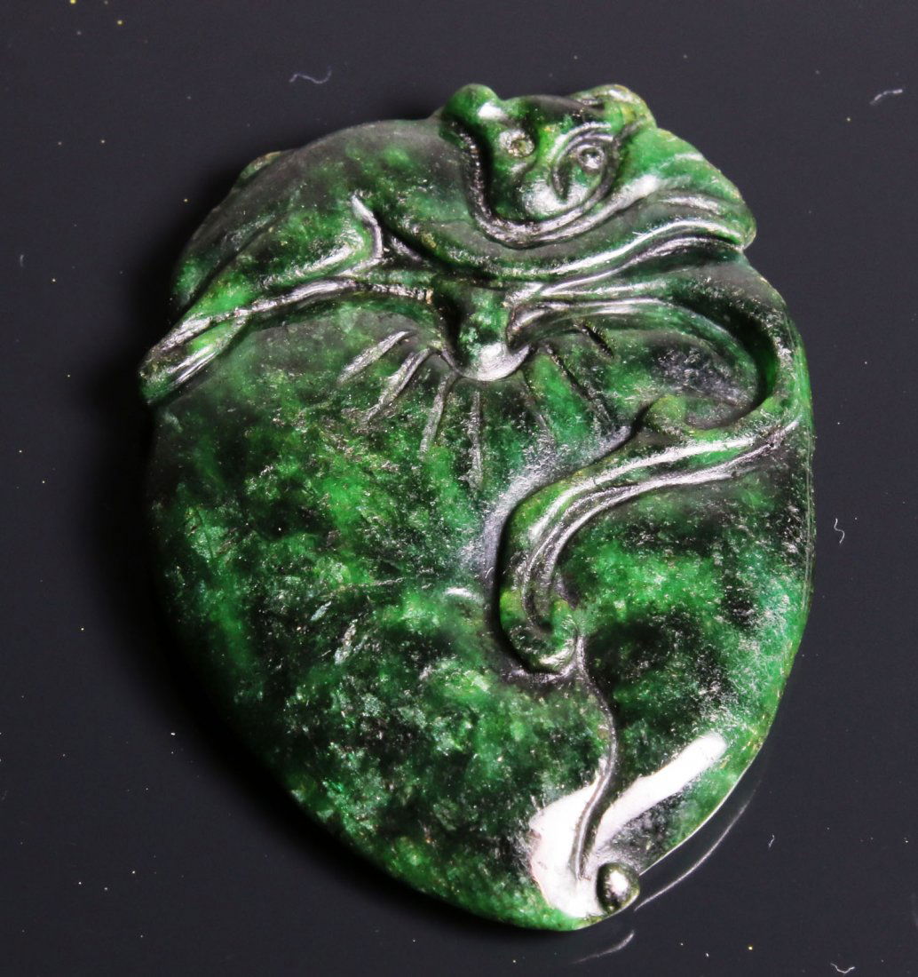 Carved spinach Jade with monkey and lotus (1 of 2)