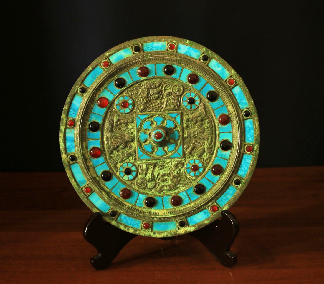 Bronze Mirror MinGuo period with torquoise (1 of 1)