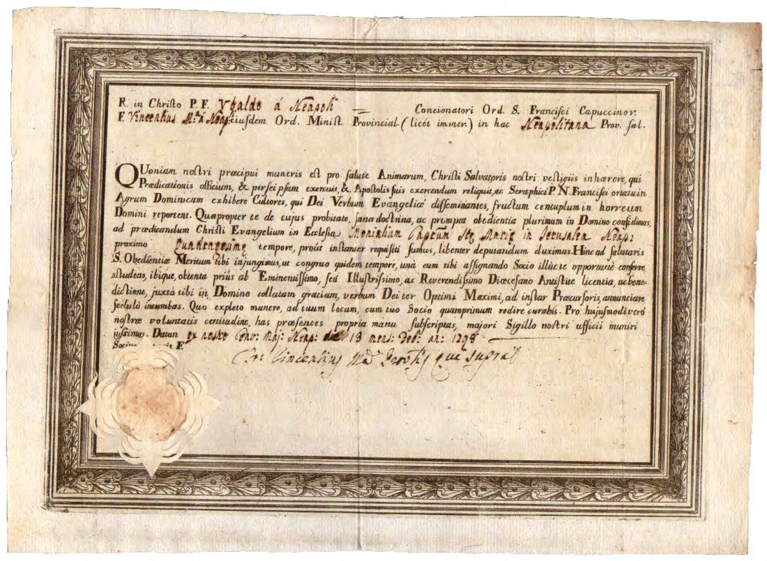 Naples 1798 Ch St Marie Jerusalem Bishop manuscript (1 of 1)