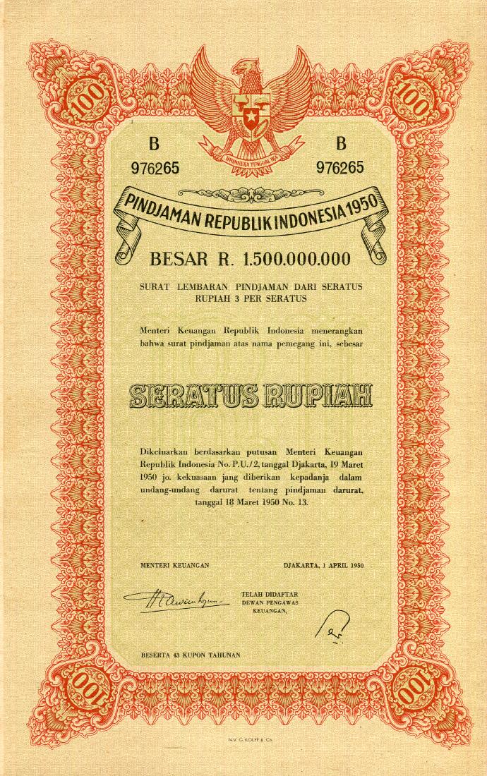 Republik Indonesia 1950 Pindjaman 100, 500, 1,000: Indonesia 1950 Pindjaman Republik Indonesia 500 Rupiah Serial no. K 197278. AU-UNC, Minor Foxing 100 Rupiah Serial no. B 976265. AU-UNC, Minor Foxing 1,000 Rupiah Serial no. U 640537. AU-UNC , Minor F