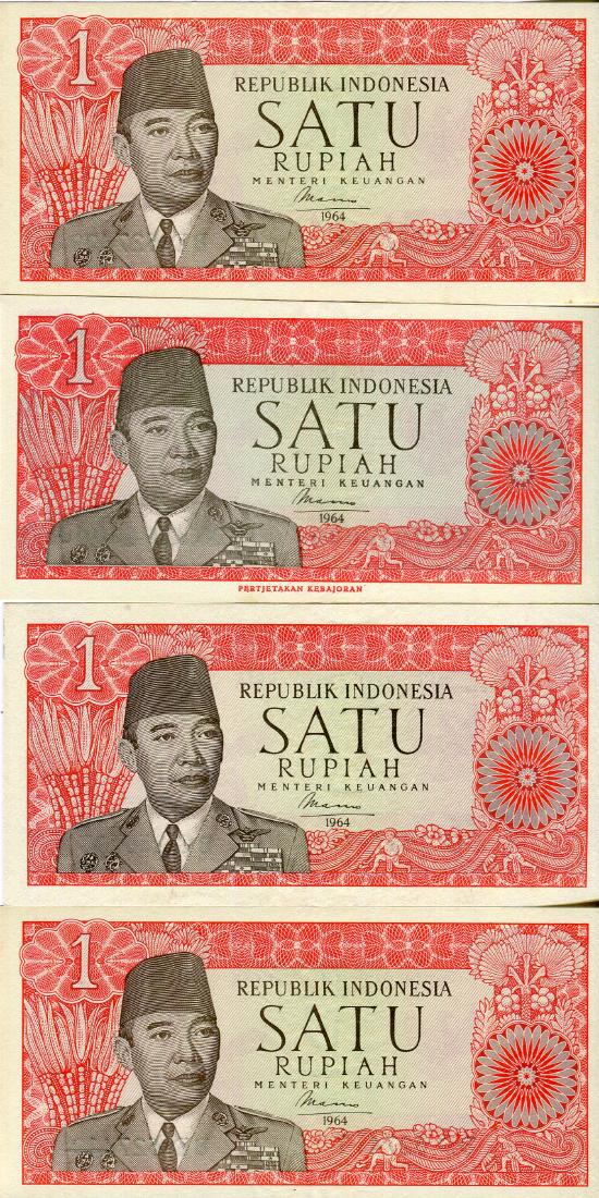 Indonesia 1964 1 Rupiah (P80): Indonesia 1964 1 Rupiah (P80) Serial no.BD 627409-627410 1 Rupiah (P80) Serial no.BG 269737, XCQ 046090 AU-UNC minor foxing (Total 4pcs)