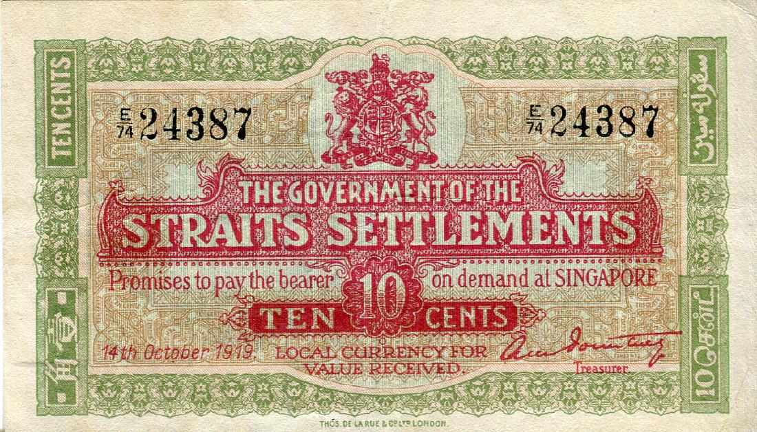 Straits Settlements 10 Cents 14 Oct 1919 (1 of 1)