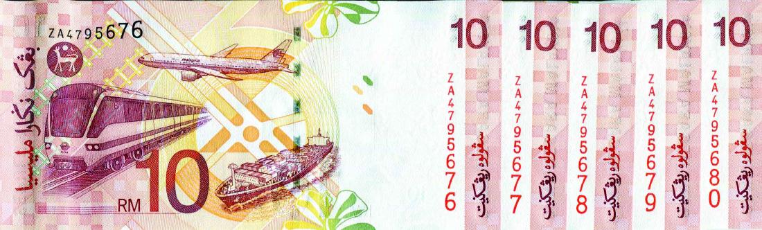10 Ringgit 11th Series,  ZA 4795676 - 5680, UNC (5PCS) (1 of 1)