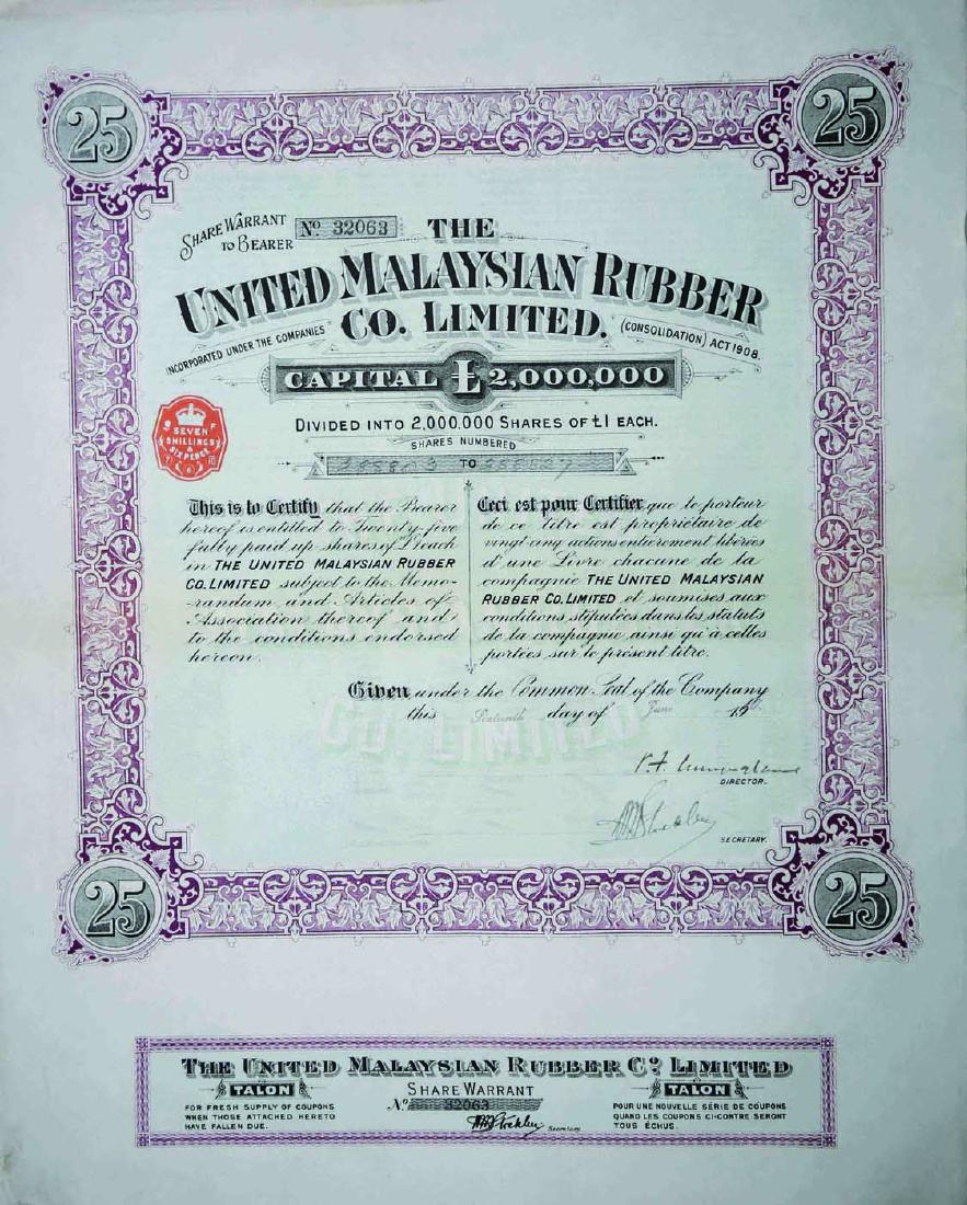 The United Malaysian Rubber Co. Ltd. Share Warrant: The United Malaysian Rubber Co. Ltd. June 1910 Share Warrant, Serial No. 32063, No.1 - No.48 EF, light foxing. Size: 342mm x 434mm