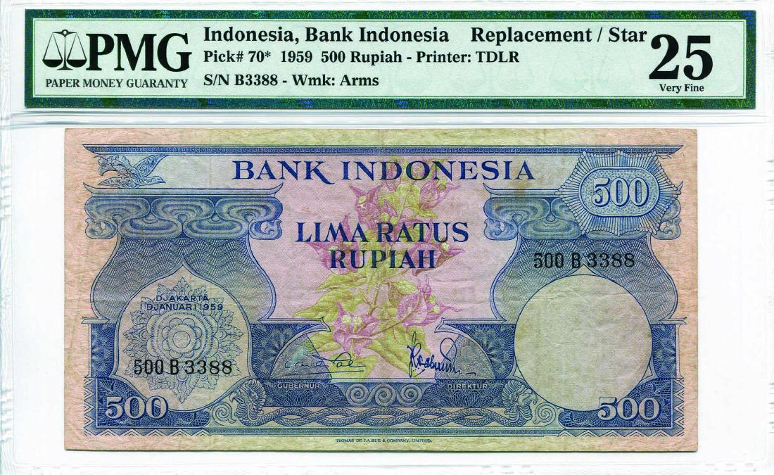 Indonesia 1959, 500 Rupiah (P70*) Replacement S/no.: Indonesia 1959, 500 Rupiah (P70*) Replacement S/no. B3388 PMG 25VF