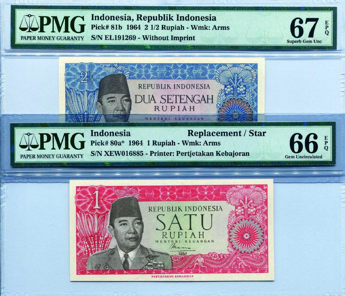 Indonesia 1964, 1 Rupiah (P80a) S/no. XEW 016885 PMG: Indonesia 1964, 1 Rupiah (P80a) S/no. XEW 016885 PMG 66EPQ 2 1/2 Rupiah (P81b) S/no. EL 191269 PMG 66/67EPQ (2pcs)