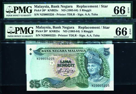 5 Ringgit 5th Series, Aziz Taha (KNB25d:P20): 5 Ringgit 5th Series, Aziz Taha (KNB25d:P20) Replacement S/no. NZ 0005225-226 PMG 66EPQ (2pcs)