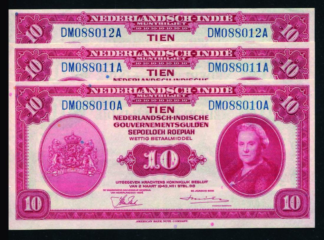 Netherlands Indies 1943, 10 Gulden (P114) 3pcs EF-AU (1 of 1)