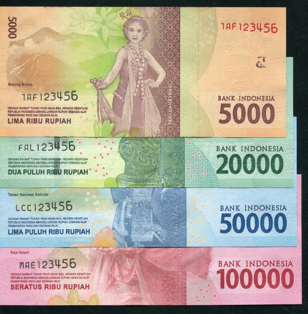 Indonesia 2005,5000,20000,50000,100000 Rupiah_x000D_: Indonesia 2005,5000,20000,50000,100000 Rupiah Ladder no.123456 (4pcs) UNC