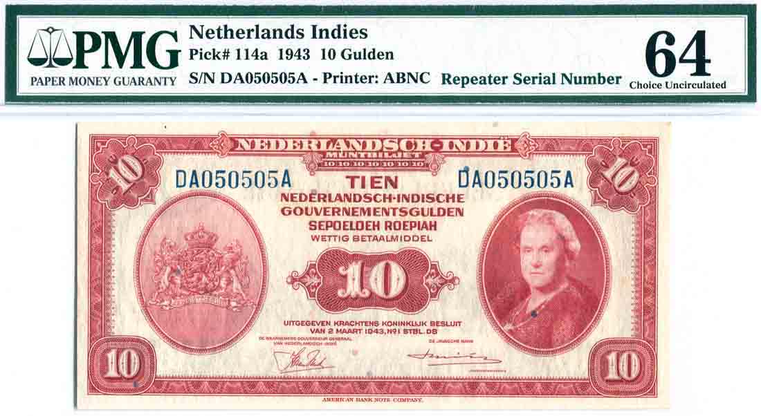 Netherlands East-Indies 1943, 10 Gulden (P114a) S/no. (1 of 1)
