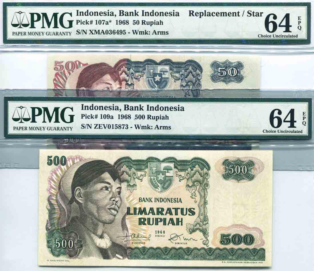 Indonesia 1968, 50 & 500 Rupiah (P107a*, 109a): Indonesia 1968, 50 & 500 Rupiah (P107a*, 109a) Replacement, S/no. XMA 036495, ZEV 015873, PMG 64EPQ (2pcs)