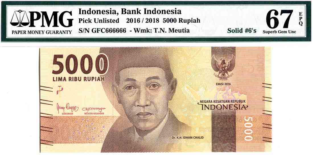 Indonesia 2016/18, 5,000 Rupiah Solid 6's GFC 6666666, (1 of 1)