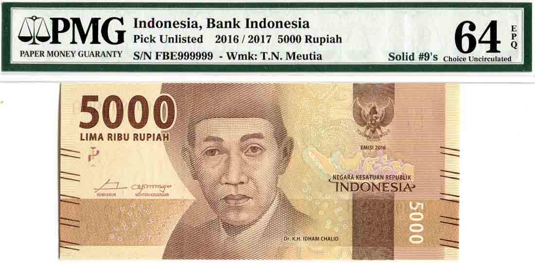Indonesia 2016/17, 5,000 Rupiah Solid 9's FBE 999999, (1 of 1)