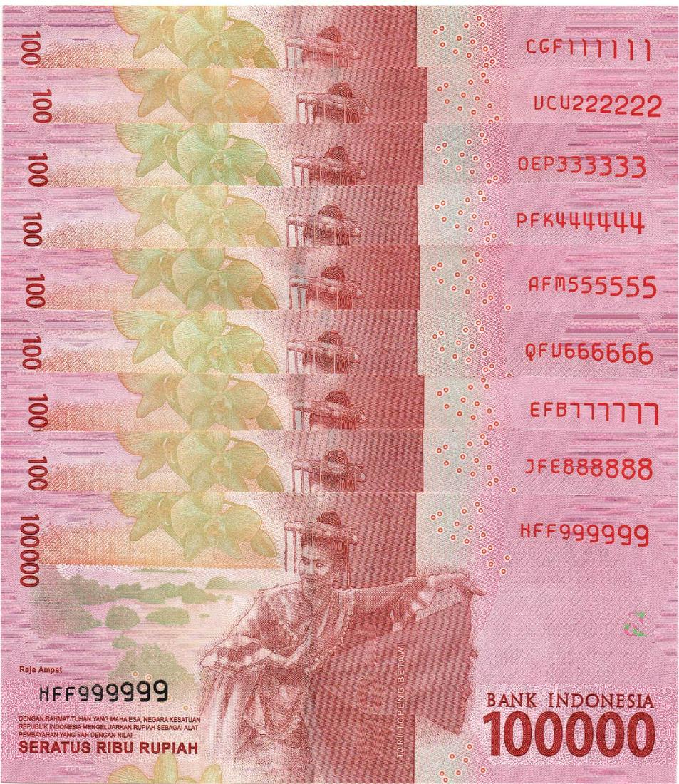 Indonesia 2016/18, 100000 Rupiah Solid 1's-Solid 9's, (1 of 1)