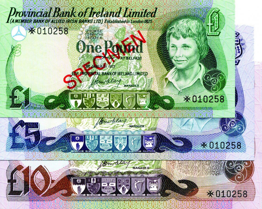 Provincial Bank of Ireland. 1,5,10 Pounds. Specimen (1 of 1)