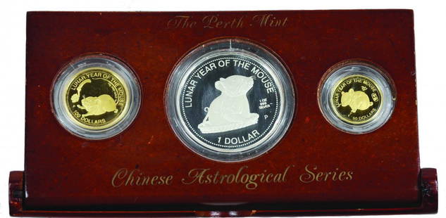 Perth Mint - Chinese Astrological Series (Rat): Perth Mint - Chinese Astrological Series 999.9 gold & Silver31.1g(Silver), 8g & 15g(Gold) Cook Islands Lunar Yearof the Rat (3pcs)