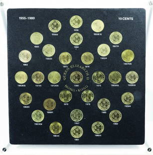 Hong Kong Queen Elizabeth II 10 cents coin complete set: Hong Kong Queen Elizabeth II 10 cents coincomplete set (34pcs) 1955-1980 with plastic display frame