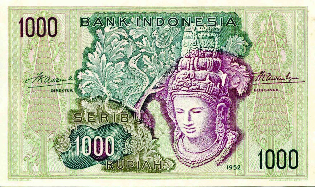 Indonesia 1952, 1000 Rupiah (P48) (Counterfeit): Indonesia 1952, 1000 Rupiah (P48) Serial no. WA 037565 EF with tear minor foxing (Counterfeit)