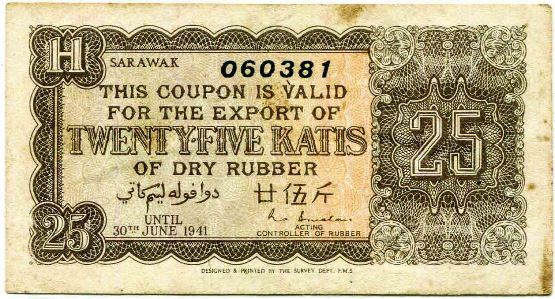 Sarawak 25 Katis Rubber Coupon 30/6/1941 (1 of 1)