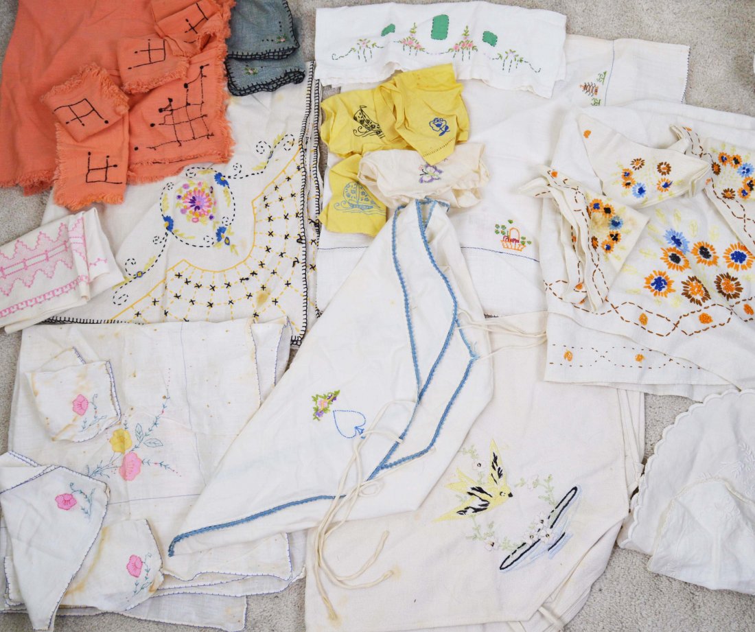 Lot of Vintage 20s Embroidered Linens Table: Mostly c 1920s linens some tablecloths with matching napkins. We ship in house and combine shipping on multiple lots . ZERO% BUYERS PREMIUM ON ALL LOTS! Payment is due within 7 days of invoice or item