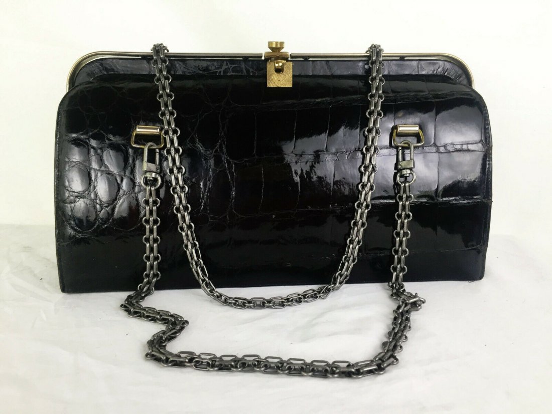 Bellestone Chain Handle Kelly Bag Crocodile Alligator: USA Shipping only on this lot. Has 1 small scratch. the metal frame of the bag has a decent amount of scratches and wear as does the hardware. Inside has a Joseph Magnin sticker that is starting to co
