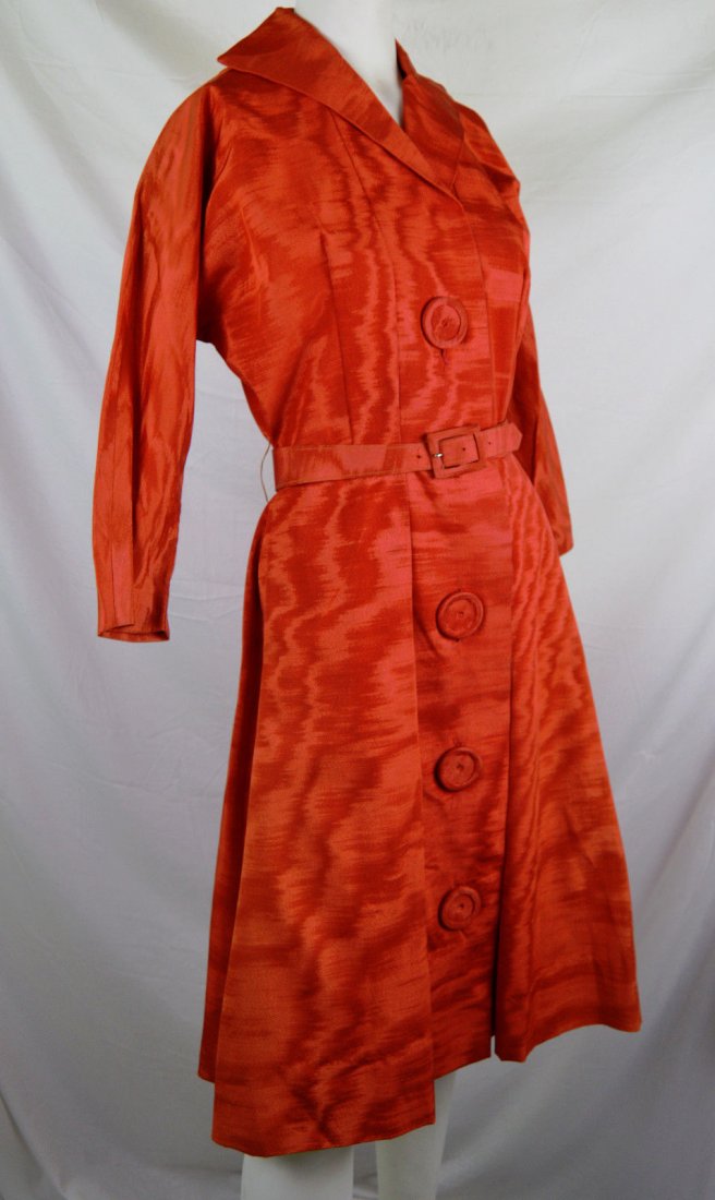 Early 50s BIG Buttons Moire Taffeta Dress Coat Red: In good condition.Slight darkening inner neckline does not show when worn.Bust 32, waist 28. Zero buyers premium on all lots. We ship in house and combine shipping.